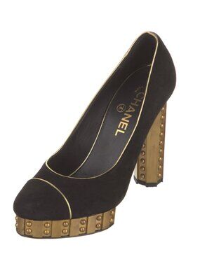 CHANEL Black Suede Gold Platform Studded Heels